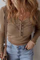 Chestnut Anglaise Broider Ribbed Long Sleeve Top Long Sleeve Tops JT's Designer Fashion