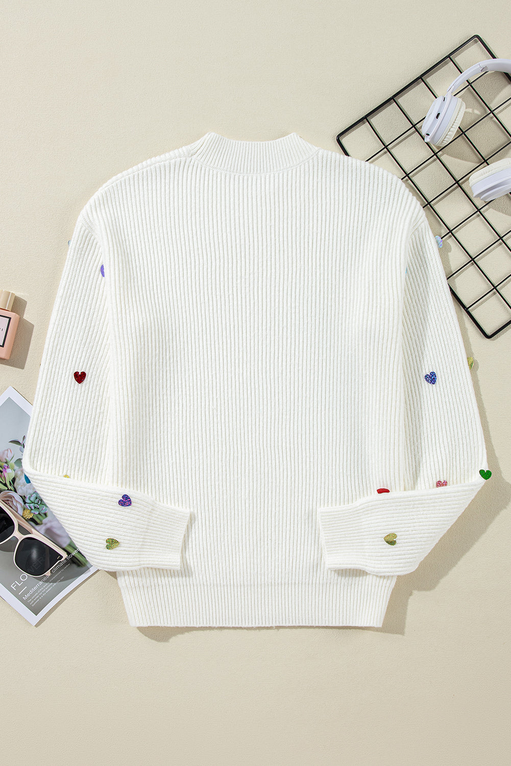 Beige Sequin Heart Shape Waffle Knit Round Neck Sweater Sweaters JT's Designer Fashion