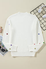 Beige Sequin Heart Shape Waffle Knit Round Neck Sweater Sweaters JT's Designer Fashion