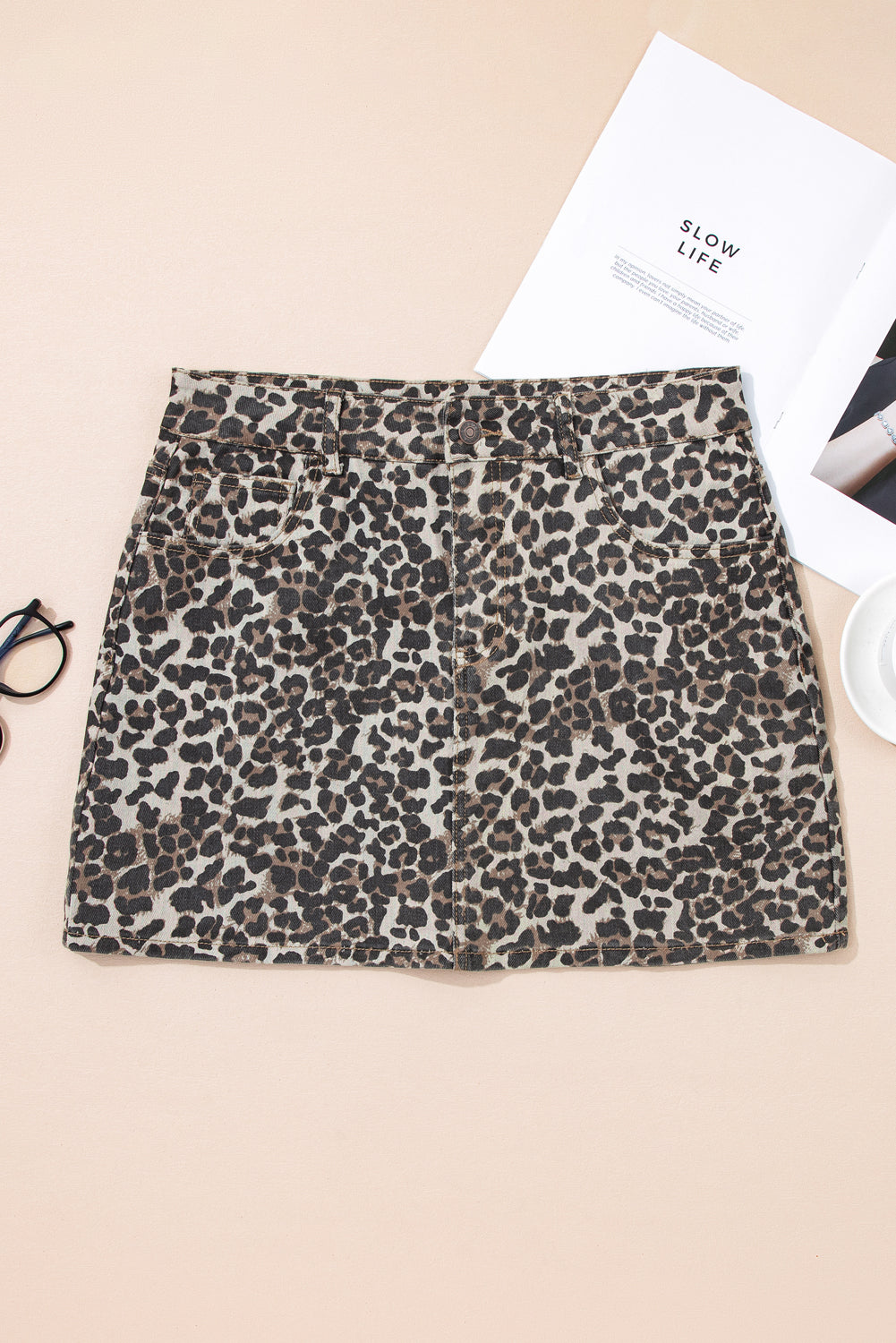 Khaki Leopard Denim Mini Skirt Skirts & Petticoat JT's Designer Fashion