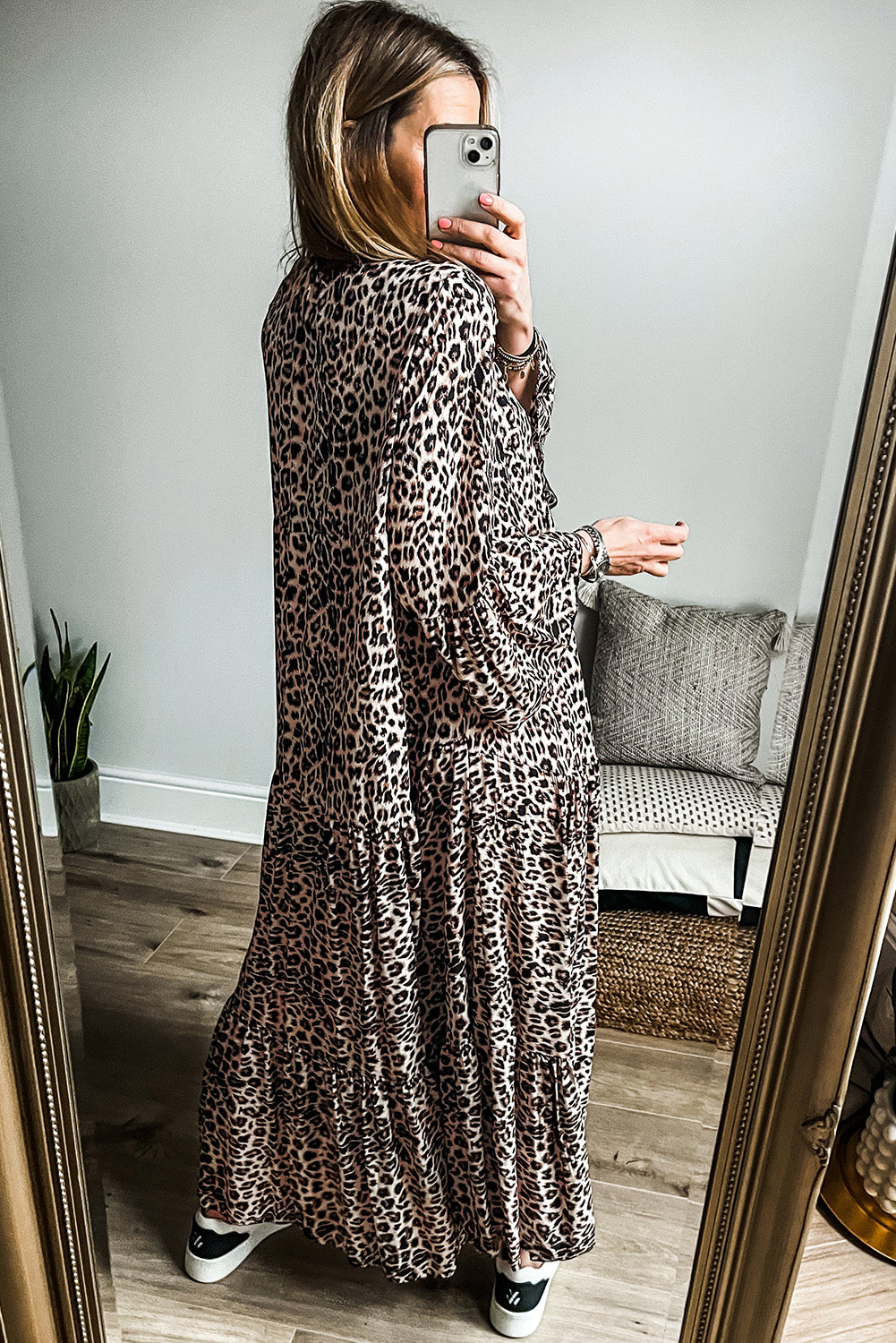 Apricot Leopard Print Tiered Wide Sleeve Long Dress Maxi Dresses JT's Designer Fashion