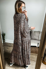 Apricot Leopard Print Tiered Wide Sleeve Long Dress Maxi Dresses JT's Designer Fashion