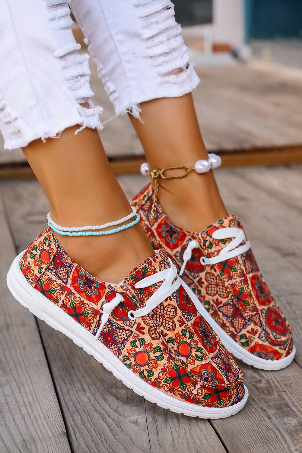 Fiery Red Western Printed Lacing Flat Slip On Shoes Women's Shoes JT's Designer Fashion