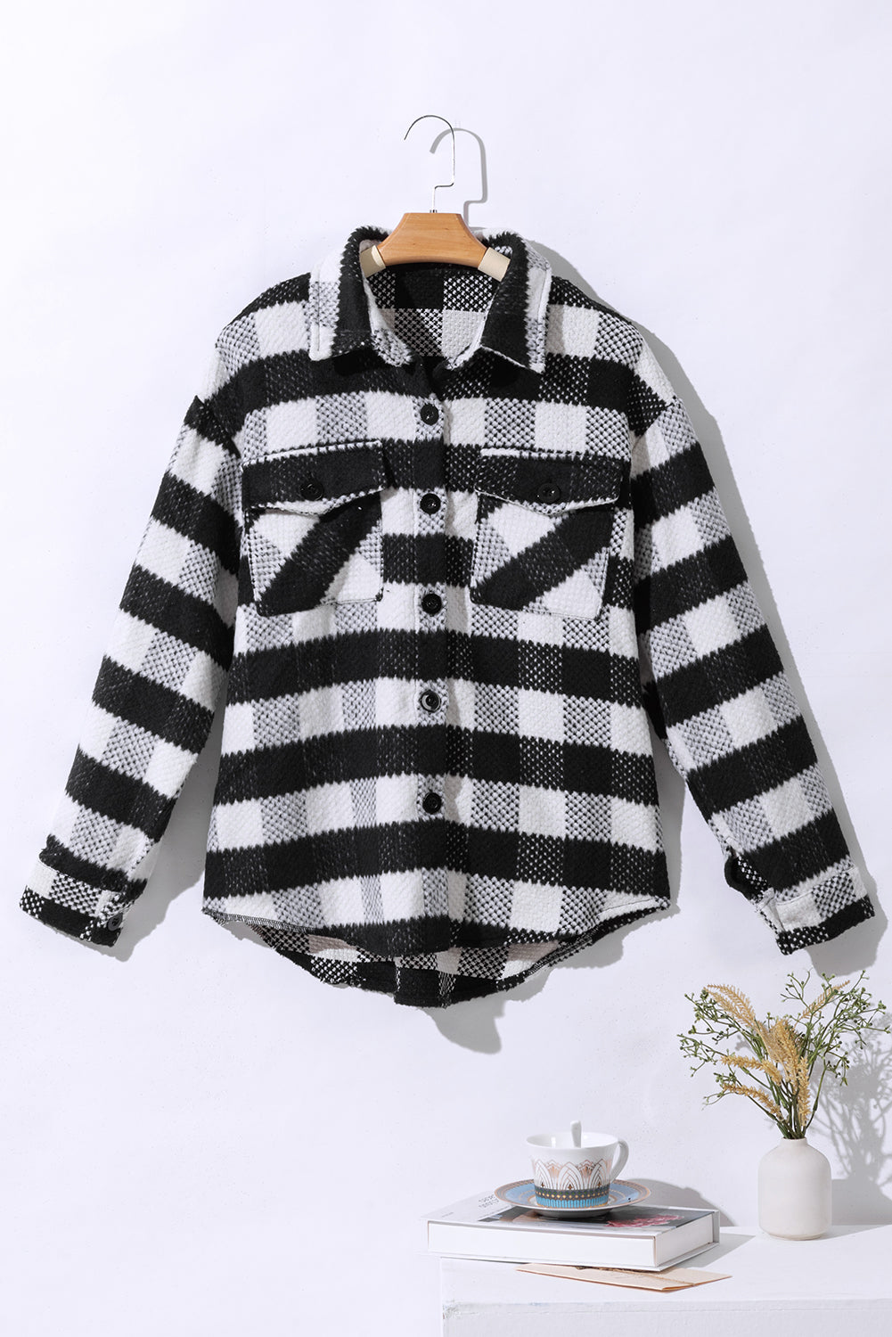 Black Plaid Textured Flap Pocket Shacket Plaid Shackets JT's Designer Fashion