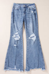 Dusk Blue High Rise Ripped Distressed Hem Flared Jeans Jeans JT's Designer Fashion