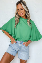 Green Frilly Round Neck Wide Half Sleeve Blouse Blouses & Shirts JT's Designer Fashion
