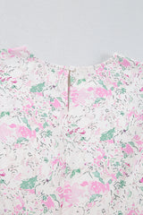 Pink Floral Print Shirred Balloon Sleeve Keyhole Back Babydoll Blouse Blouses & Shirts JT's Designer Fashion