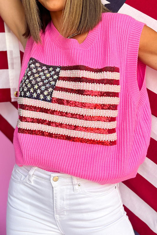 Bonbon American Flag Stud Sequin Pearl Stud Waffle Knit Tank Top Sweaters & Cardigans JT's Designer Fashion