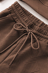 Brown Textured Long Sleeve Top and Drawstring Shorts Set Short Sets JT's Designer Fashion