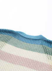 Green Striped Color Block Hollowed Knit Cardigan Sweaters & Cardigans JT's Designer Fashion