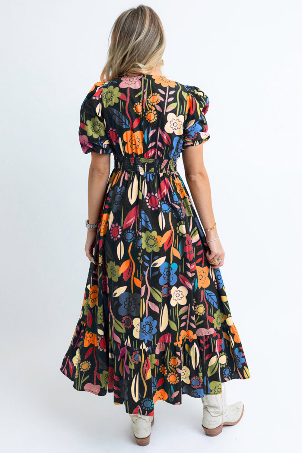 Black Retro Floral Printed Split Neck Maxi Dress Dresses JT's Designer Fashion