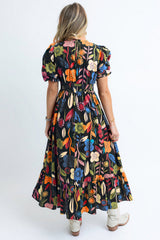 Black Retro Floral Printed Split Neck Maxi Dress Dresses JT's Designer Fashion