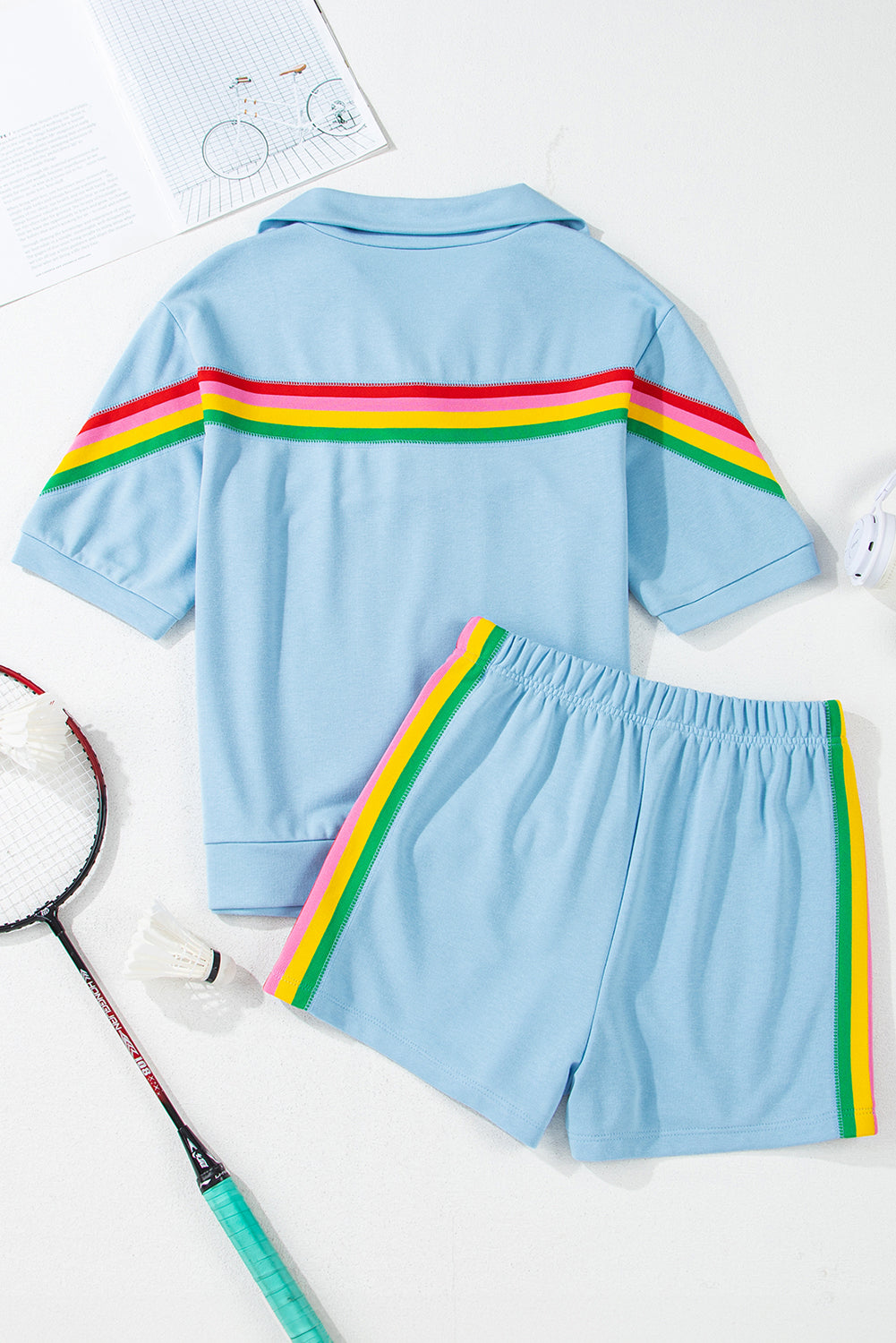 Sky Blue Rainbow Colorblock Collared Short Sleeve Top 2 Piece Shorts Set Short Sets JT's Designer Fashion