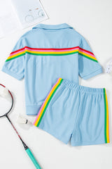 Sky Blue Rainbow Colorblock Collared Short Sleeve Top 2 Piece Shorts Set Short Sets JT's Designer Fashion
