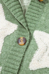 Green Sherpa Star Pattern Textured Sweater Cardigan with Pockets Cardigans JT's Designer Fashion