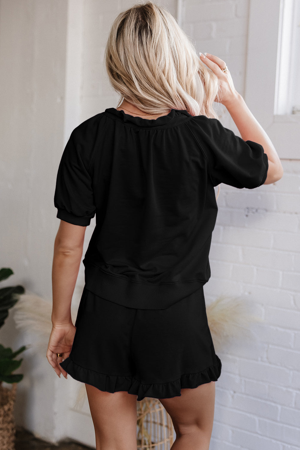 Black Half Zip Puff Sleeve Top and Ruffled Shorts Set Short Sets JT's Designer Fashion