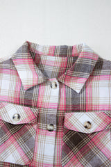 Pink Plaid Flap Pocket Button Up Shacket Plaid Shackets JT's Designer Fashion