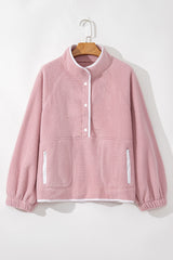 Fushia Stand Neck Half Button Zip Pocket Plush Sweatshirt Sweatshirts & Hoodies JT's Designer Fashion
