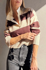 Brown Ribbed Trim Color Block Knitted Polo Collar Sweater Sweaters JT's Designer Fashion