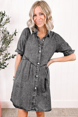 Medium Grey Mineral Wash Ruffled Short Sleeve Buttoned Denim Dress Dresses JT's Designer Fashion