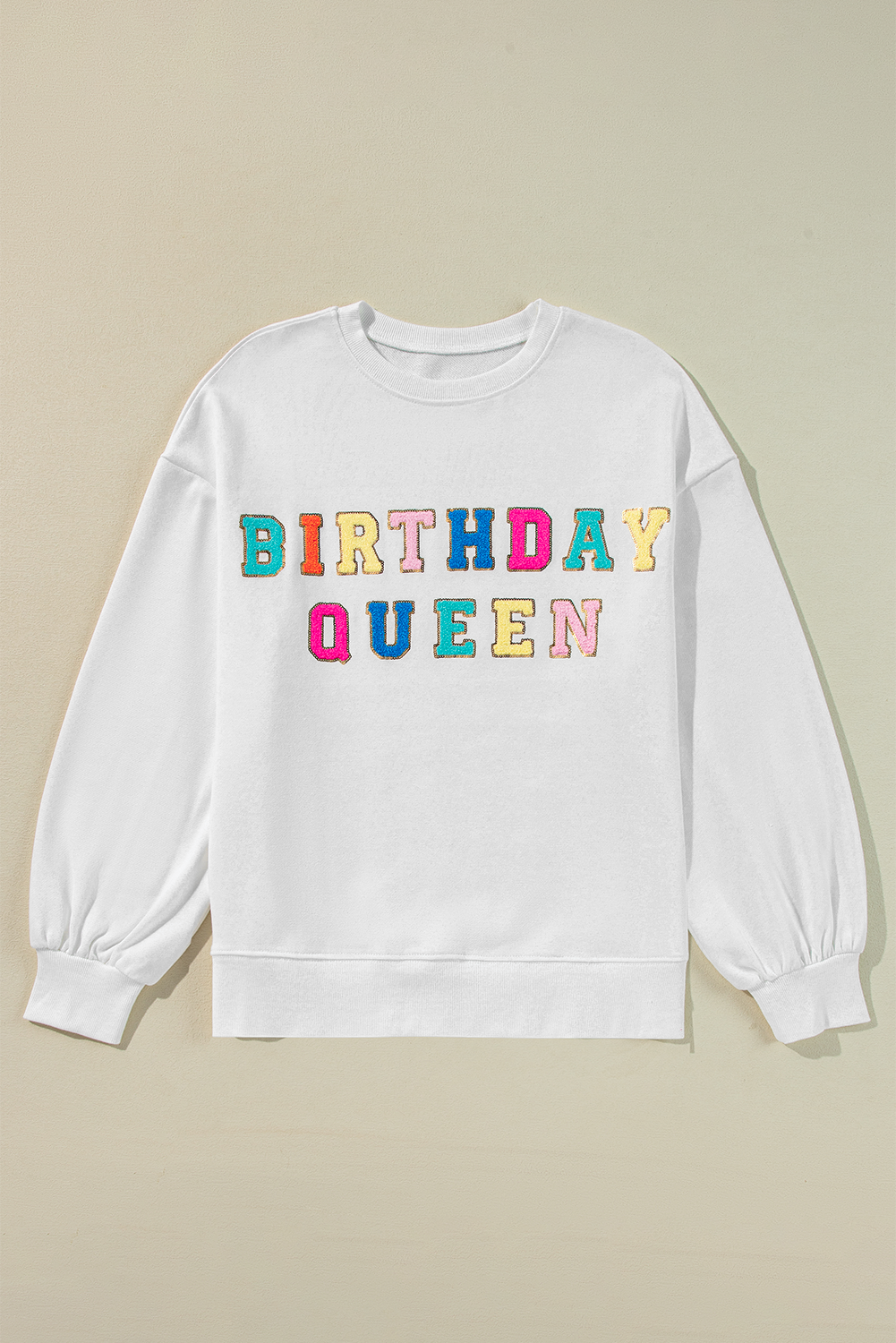 White BIRTHDAY QUEEN Graphic Balloon Sleeve Sweatshirt Sweatshirts & Hoodies JT's Designer Fashion