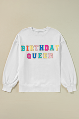 White BIRTHDAY QUEEN Graphic Balloon Sleeve Sweatshirt Sweatshirts & Hoodies JT's Designer Fashion