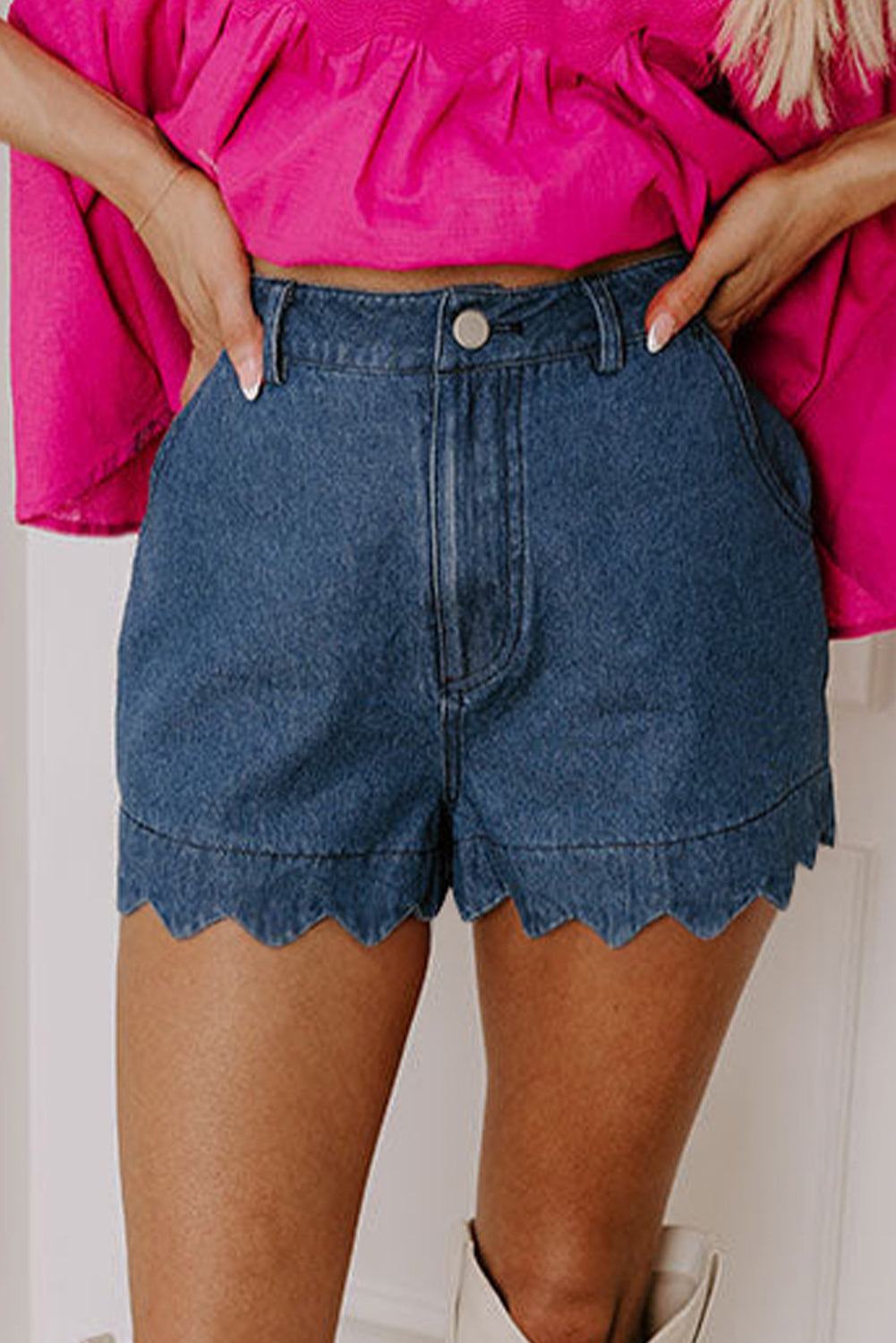 Sail Blue Scalloped Hemline Acid Wash High Waist Denim Shorts Sail Blue 72%Cotton+26%Polyester+2%Elastane Denim Shorts JT's Designer Fashion