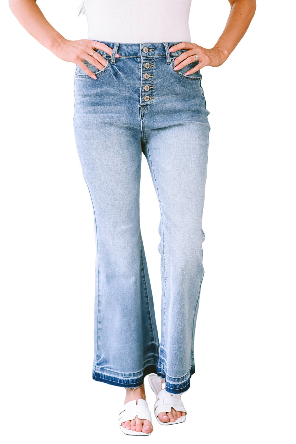 Sky Blue High Waist Buttoned Distressed Flared Jeans Jeans JT's Designer Fashion