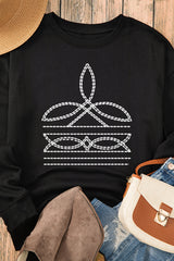 Black Western Pattern Print Round Neck Pullover Sweatshirt Graphic Sweatshirts JT's Designer Fashion
