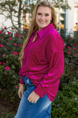 Bright Pink Plus Size Velvet Chest Pocket Drop Shoulder Shirt Plus Size Blouses & Shirts JT's Designer Fashion