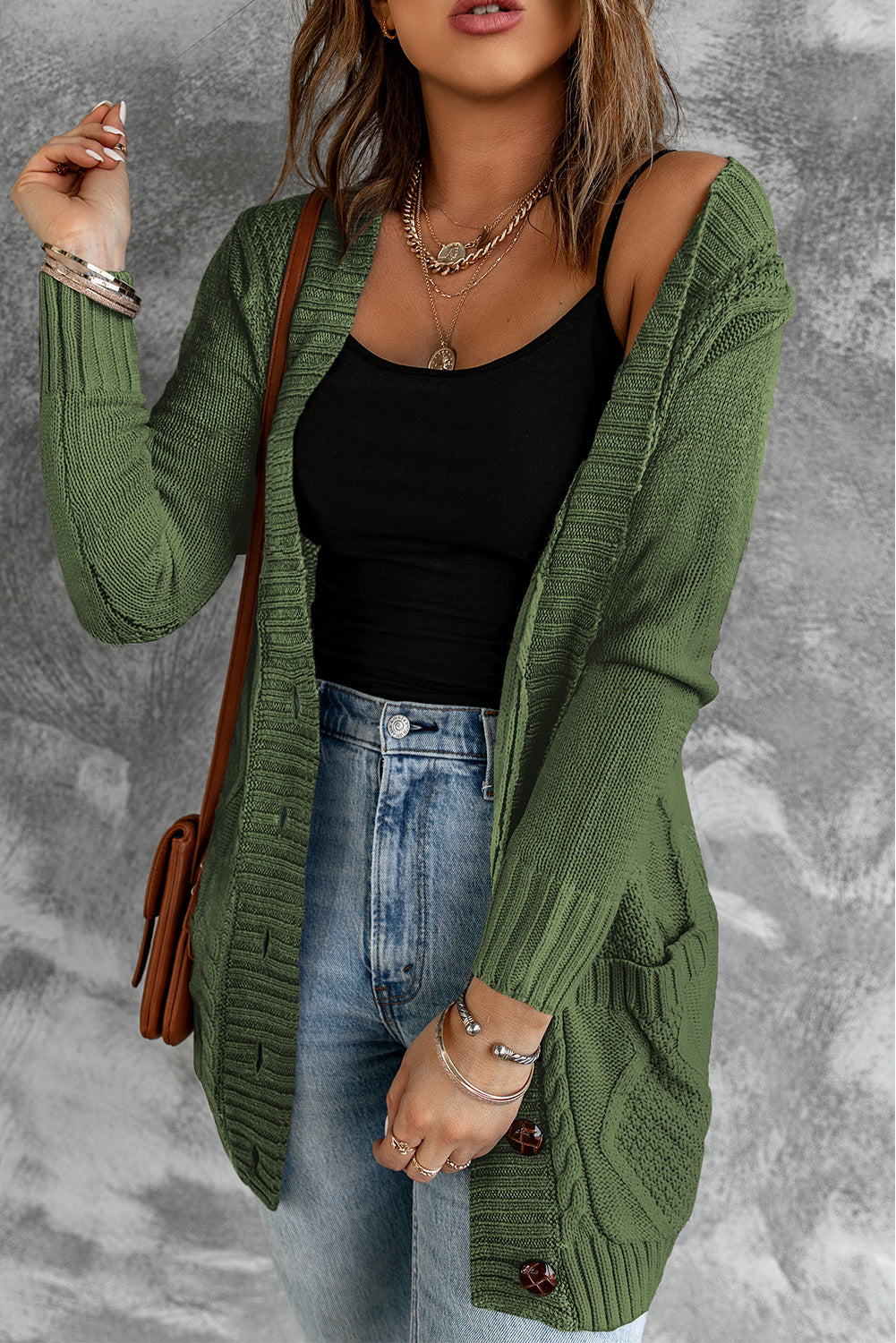 Green Front Pocket and Buttons Closure Cardigan Sweaters & Cardigans JT's Designer Fashion