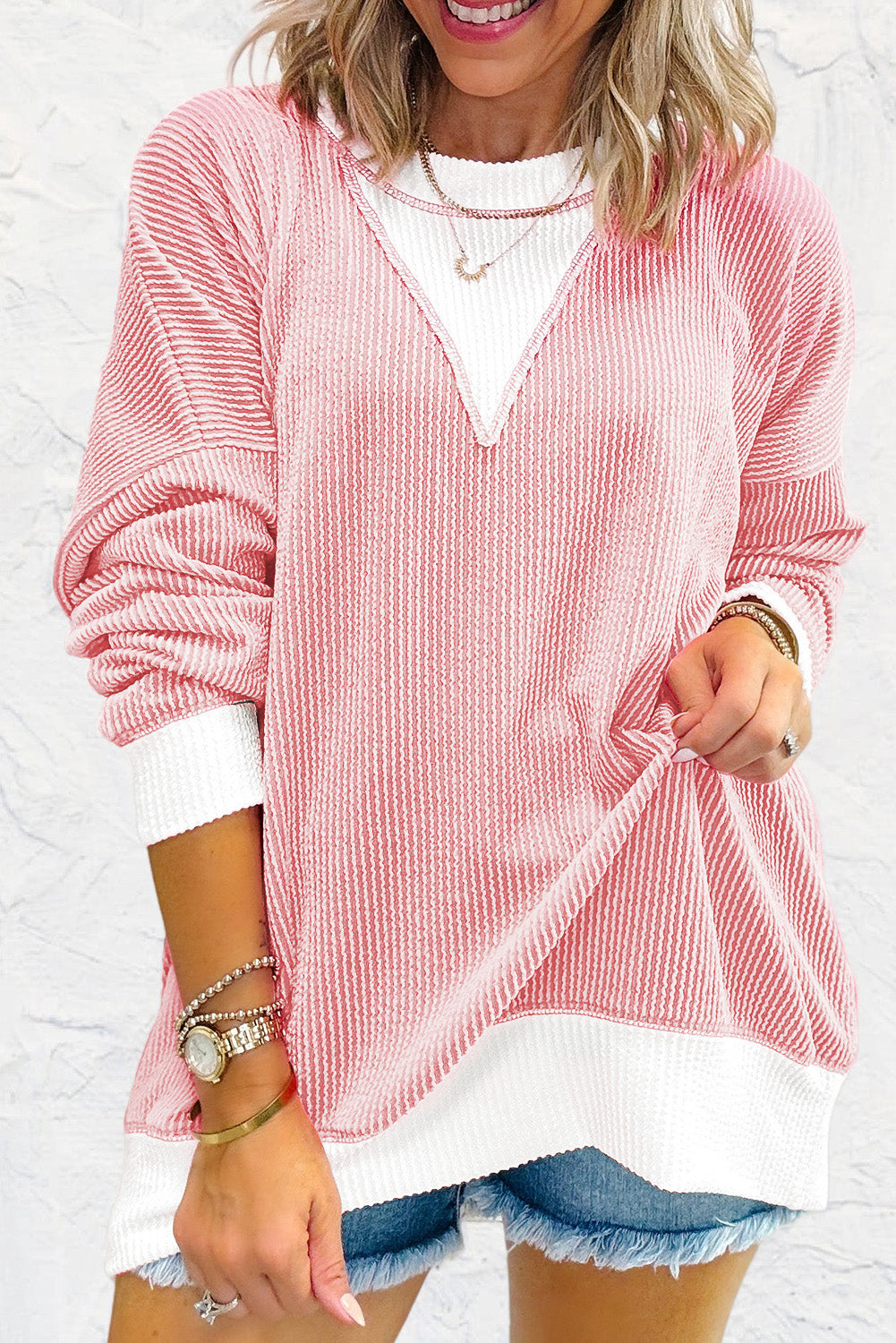Peach Blossom Corded Colorblock Drop Shoulder Loose Top Long Sleeve Tops JT's Designer Fashion