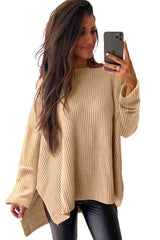 Apricot Cable Knit Drop Shoulder Side Slits Loose Sweater Sweaters JT's Designer Fashion