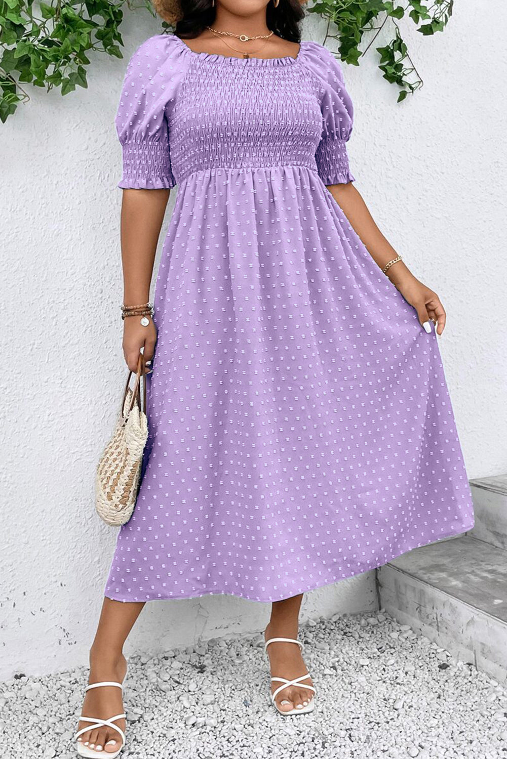 Wisteria Swiss Dot Smocked Frilled Neckline Short Sleeve Plus Size Dress Plus Size Maxi Dresses JT's Designer Fashion