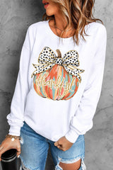 Beige Polka Dot Bow Knot Pumpkin Print Thanksgiving Sweatshirt Graphic Sweatshirts JT's Designer Fashion