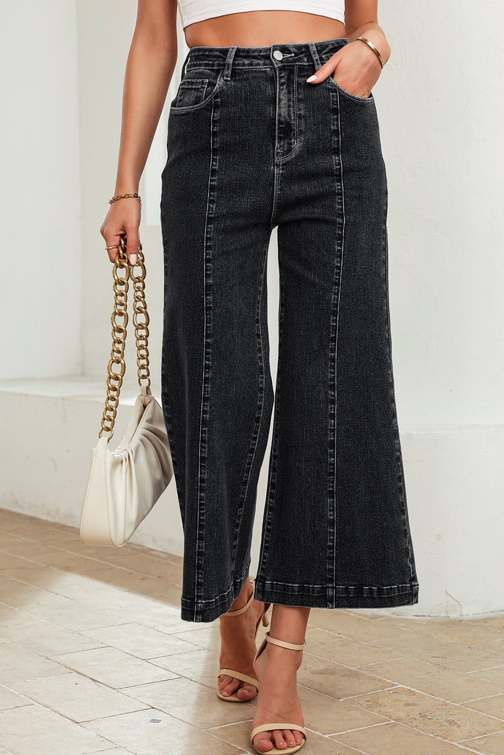 Black Plain Seam Detail Flared Bottom Ankle Length Jeans Black 71%Cotton+27.5%Polyester+1.5%Elastane Jeans JT's Designer Fashion