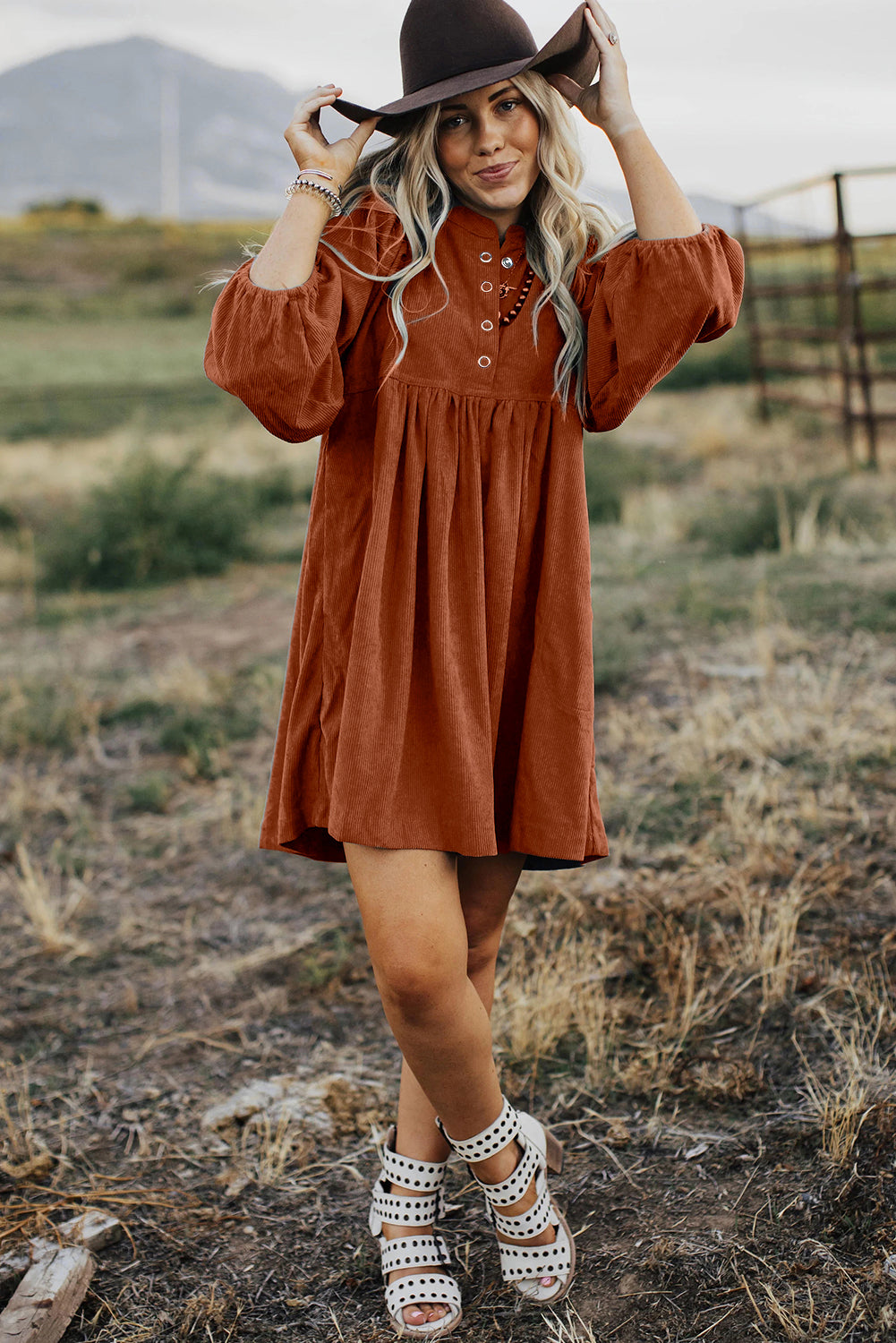 Gold Flame Corduroy Snap Buttons Empire Waist Bracelet Sleeve Dress Mini Dresses JT's Designer Fashion