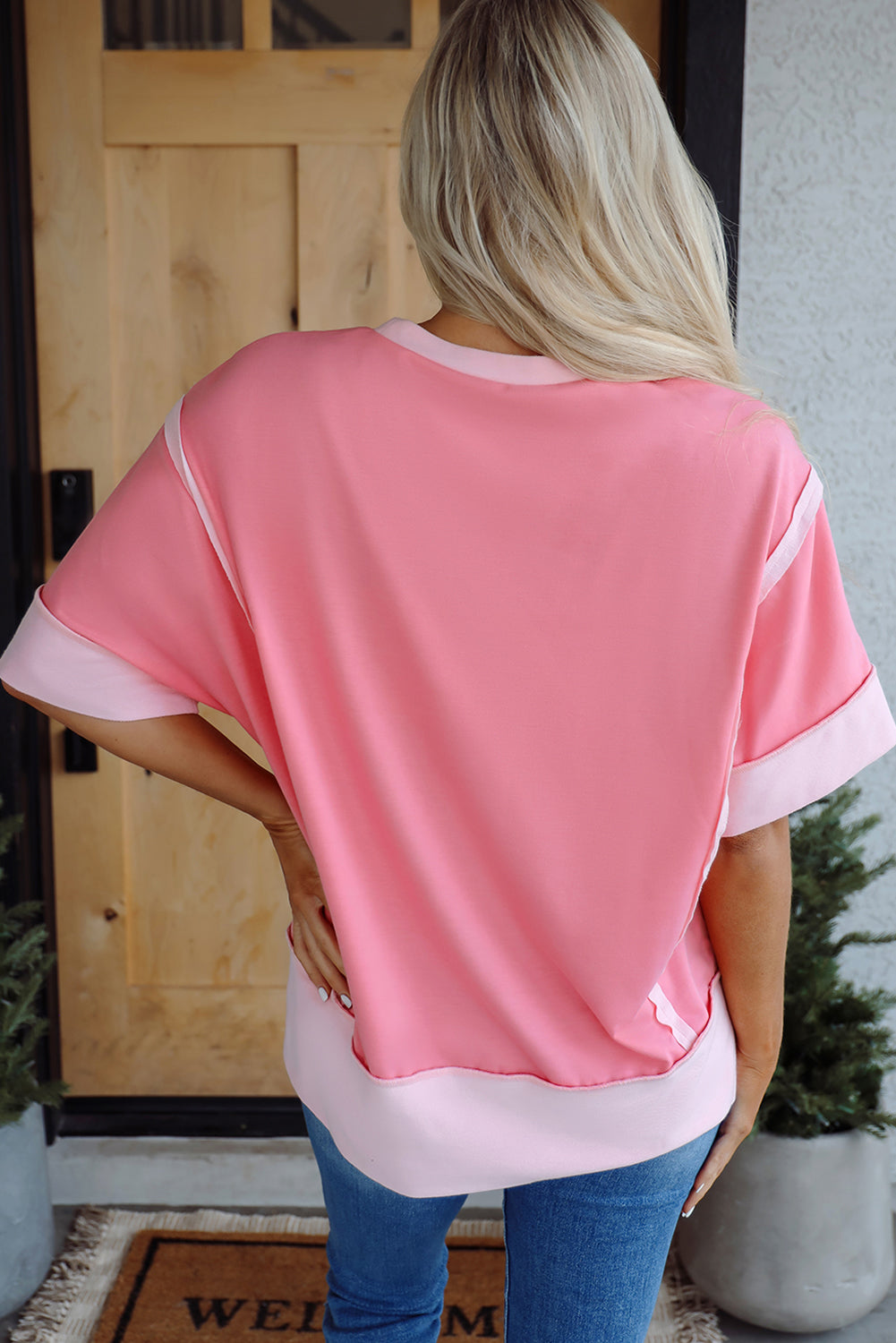 Peach Blossom Raw Seam Mix Texture Patchwork Rodeo Graphic Tee Graphic Tees JT's Designer Fashion