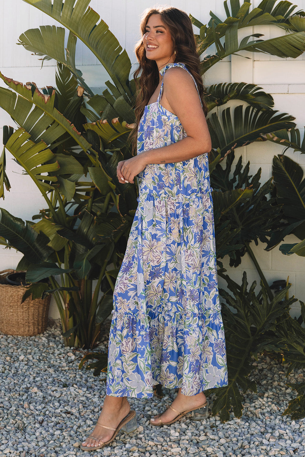 Sky Blue Floral Print Self-tie Straps Flowy Ruffle Long Dress Maxi Dresses JT's Designer Fashion