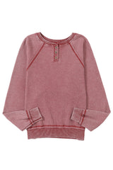 Fiery Red Waffle Knit Raglan Sleeve Henley Sweatshirt Sweatshirts & Hoodies JT's Designer Fashion