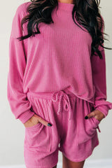 Strawberry Pink Corded Textured Long Sleeve Top and Shorts Set Strawberry Pink 75%Polyester+20%Viscose+5%Elastane Short Sets JT's Designer Fashion
