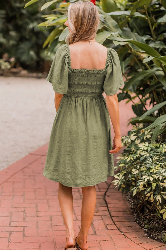 Grass Green Frilly Square Neck Flutter Sleeve Smocked High Waist Plus Size Dress Plus Size Mini Dresses JT's Designer Fashion