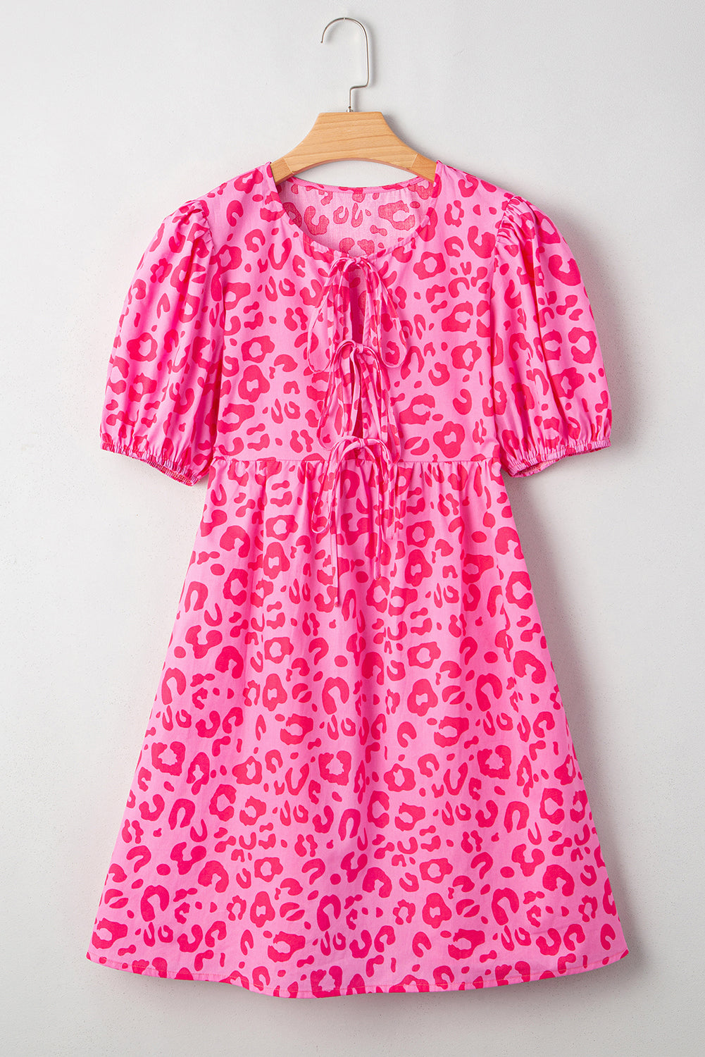 Rose Leopard Puff Sleeve Tie Front High Waist Mini Dress Mini Dresses JT's Designer Fashion