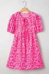 Rose Leopard Puff Sleeve Tie Front High Waist Mini Dress Mini Dresses JT's Designer Fashion