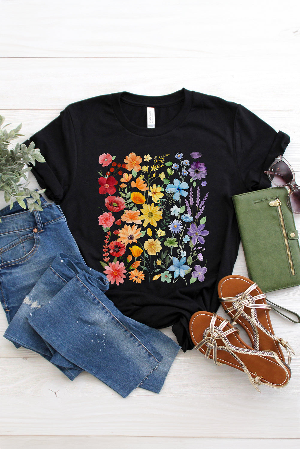 Black Beautiful Flower Print Cotton Blend Casual Tee Graphic Tees JT's Designer Fashion