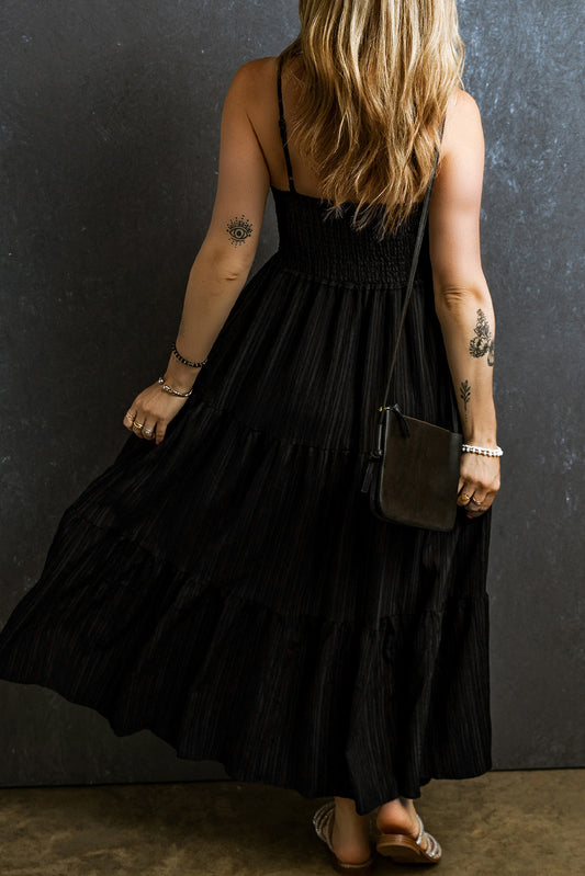 Black Spaghetti Straps Smocked Pleated Tiered Long Dress Maxi Dresses JT's Designer Fashion