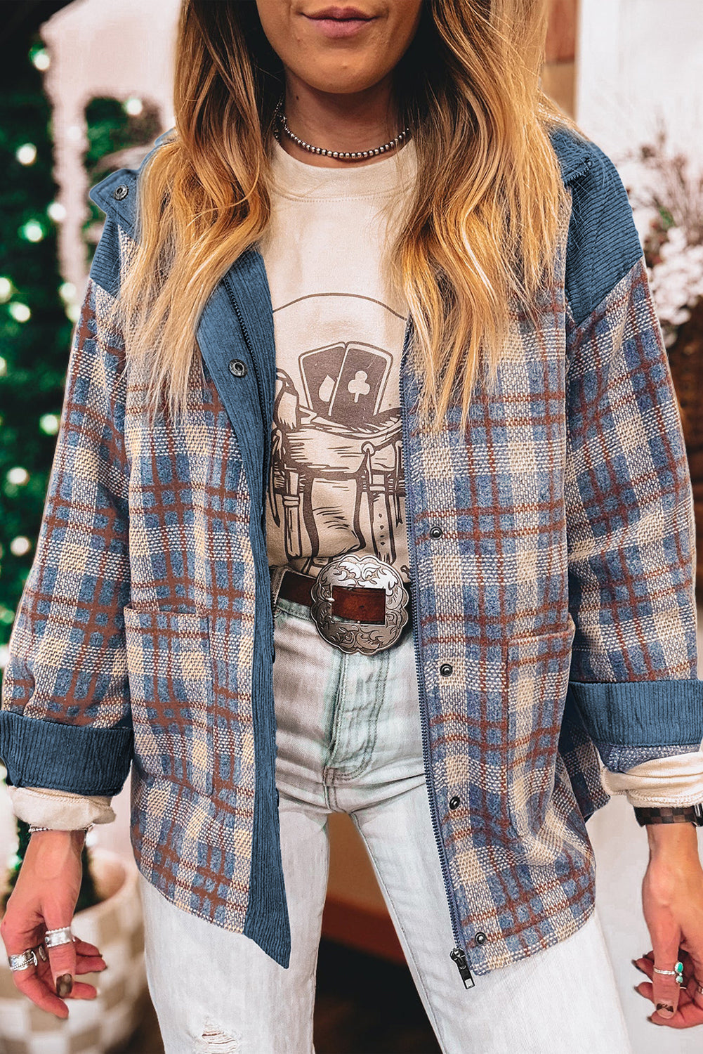 Gray Plaid Corduroy Patchwork Collared Zip Up Snap Button Jacket Gray 100%Polyester Plaid Shackets JT's Designer Fashion