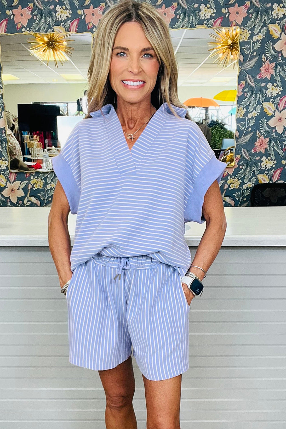Sky Blue Stripe Dolman Sleeve Polo Shirt and Drawstring Shorts Set Short Sets JT's Designer Fashion