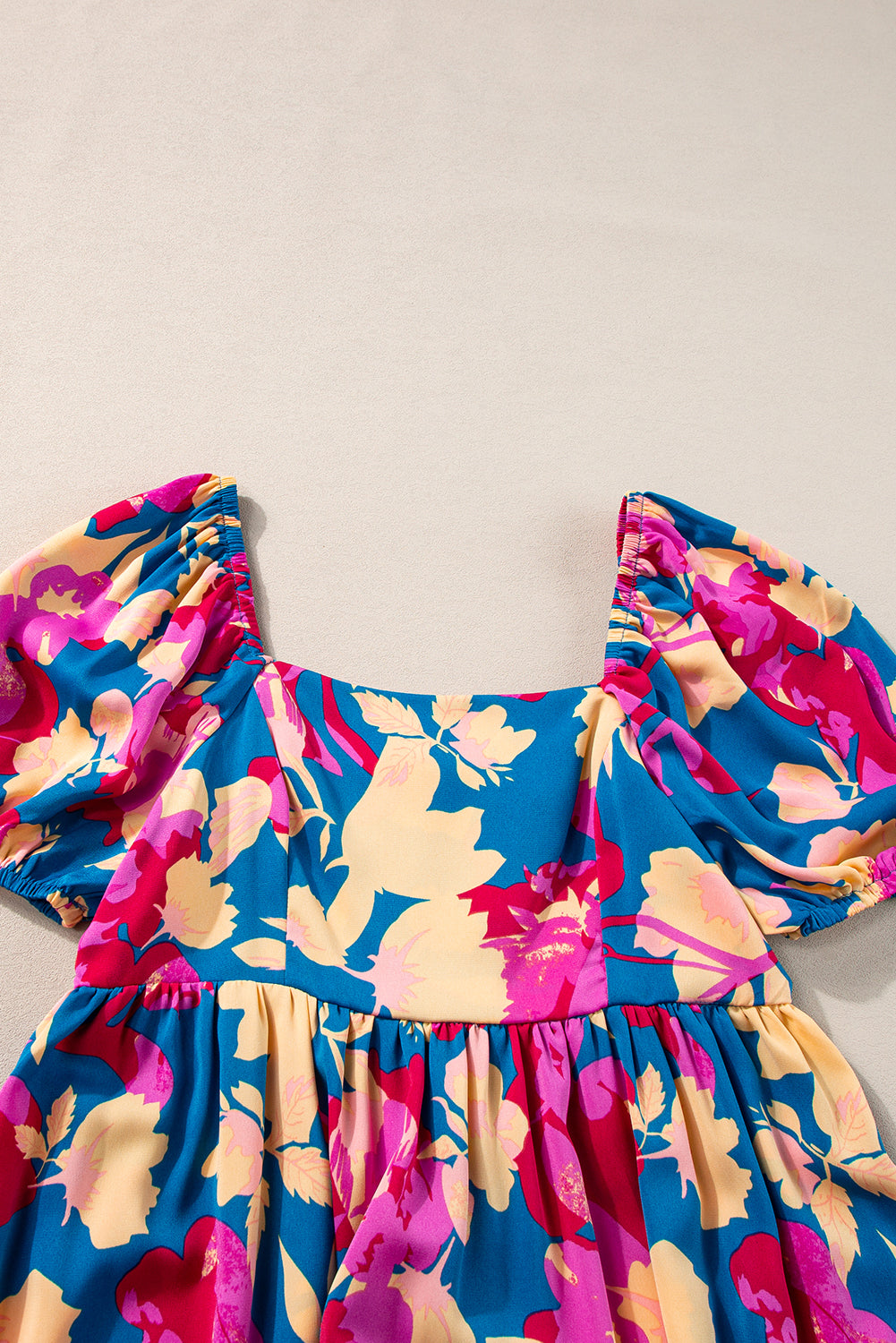 Dark Blue Square Neck Bubble Sleeve Ruffled Floral Dress Floral Dresses JT's Designer Fashion