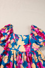 Dark Blue Square Neck Bubble Sleeve Ruffled Floral Dress Floral Dresses JT's Designer Fashion